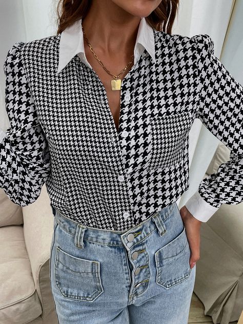 Houndstooth Outfit, Patch Blouse, Pocket Blouse, Áo Len Cardigan, The Office Shirts, Black And White Shirt, Houndstooth Pattern, Women Blouses, Style Chic