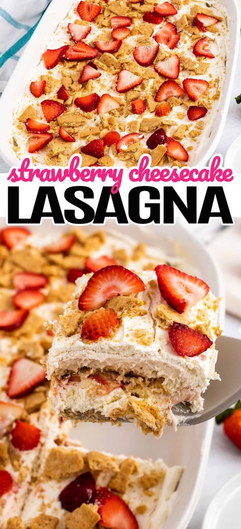 Strawberry Lasagna Desserts, Strawberry Cheesecake Lasagna, Cheesecake Lasagna, Strawberry Lasagna, Nobake Dessert, Layer Cheesecake, Layered Dessert, Strawberry Delight, Layered Desserts