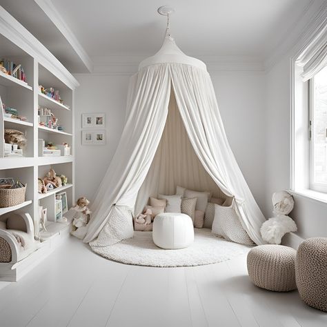 A haven for little ones! This playroom features a comfy seating area nestled under a canopy, providing a cozy spot for kids to read, relax, or play with friends. What are your must-have items for a playroom? Share your ideas in the comments! Toddler Girl Reading Corner, Canopy Corner Ideas, Reading Corner Ideas For Kids, Toddler Shared Bedroom, Sensory Corner, Cozy Baby Room, Kid Bed, Play Corner, Comfy Reading