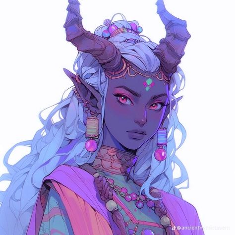 Tiefling Hairstyles, Dragon People Character Design, Tiefling Sorcerer Female, Tiefling Female Character Design, Dnd Female Tiefling, Dnd Tiefling Female, Tiefling Character Art, Tiefling Woman, Purple Tiefling