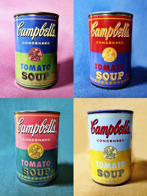 15 MINUTES: A Tribute To Andy Warhol. This is my quick (no more than 15 minutes on each of four images) take on Andy Warhol's classic Cambell's soup paintings using new commemorative cans. Art imitates life imitates art imitates life. Tomato Festival, Life Imitates Art, Fiesta Table, Can Of Soup, Etiquette Vintage, Color Collage, Campbell Soup, Vintage Packaging, Principles Of Design