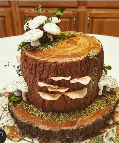 Log Cake With Mushrooms, Tree Stump Wedding Cake, Mushroom Forest Cake, Cottage Core Cakes, Nature Themed Cake, Mushroom Wedding Cake, Forest Theme Cake, Woodsy Cake, Forest Theme Cakes