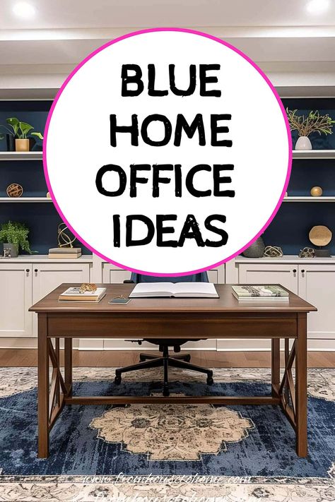 blue home office ideas Home Office With Blue Walls, Blue Home Office Ideas, Two Tone Office, Navy Home Office, Diy Wall Unit, Blue Decor Ideas, Blue Home Office, Small Home Library, Home Library Design Ideas