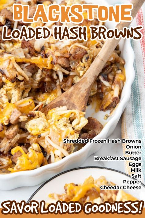 These Blackstone Loaded Hashbrowns are full of flavor and cook easily on the flat top grill. These hashbrowns are delicious and cook crispy. Make this delicious loaded hashbrown recipe today for breakfast, lunch or dinner. Save this recipe for the next time you are feeding a crowd. #grillonadime #blackstoneloadedhashbrowns #loadedhashbrowns Loaded Hashbrowns, Mom Breakfast, Breakfast Sausage Links, Breakfast Hashbrowns, Breakfast For A Crowd, Flat Top Grill, Hashbrown Recipes, Easy Grilling, Breakfast Hash