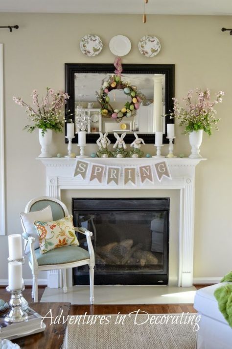 Infuse your home with the scent of spring and start right where it matters the most – in your living room! We have rounded up over 23 fun Easter mantel decor ideas, to give your home that much-needed touch of color and spring merriness it needs. Easter Fireplace Mantel Decor, Easter Fireplace Mantel, Mantles Decor, Spring Fireplace, Spring Decoration Ideas, Easter Mantle Decor, Easter Mantel, Spring Mantle Decor, Easter Mantle