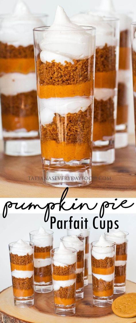 Mini Pumpkin Pie Parfaits (video) Pumpkin Dessert Shooters, Pumpkin Pie Shooters Desserts, Pumpkin Shooter Desserts, Pumpkin Pie Shooters, Wedding Shooters Desserts, Thanksgiving Dessert Shooters, Pumpkin Shooters, Parfait Shooters, Appetizer Shooters