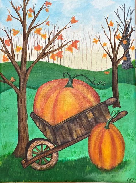 Fall Pumpkin Acrylic Painting by Kasey Anderson, recreated from image from Carmen Dungan: ) Pumpkin Acrylic Painting, Fall Fair, Fall Paintings, Cute Easy Paintings, Pumpkin Painting, Autumn Painting, Beginner Painting, Painted Pumpkins, Easy Paintings