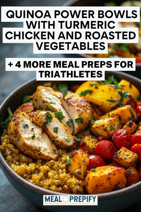 A quinoa power bowl with turmeric chicken, roasted vegetables, and herbs, illustrating nutrient-packed meal prep ideas for triathletes. Chicken And Roasted Vegetables, Healthy Meal Prep Recipes, Turmeric Chicken, Power Bowl Recipe, Meal Prep For Beginners, Sweet Potato Curry, Chicken Quinoa, Meal Prep Recipes, Power Bowls