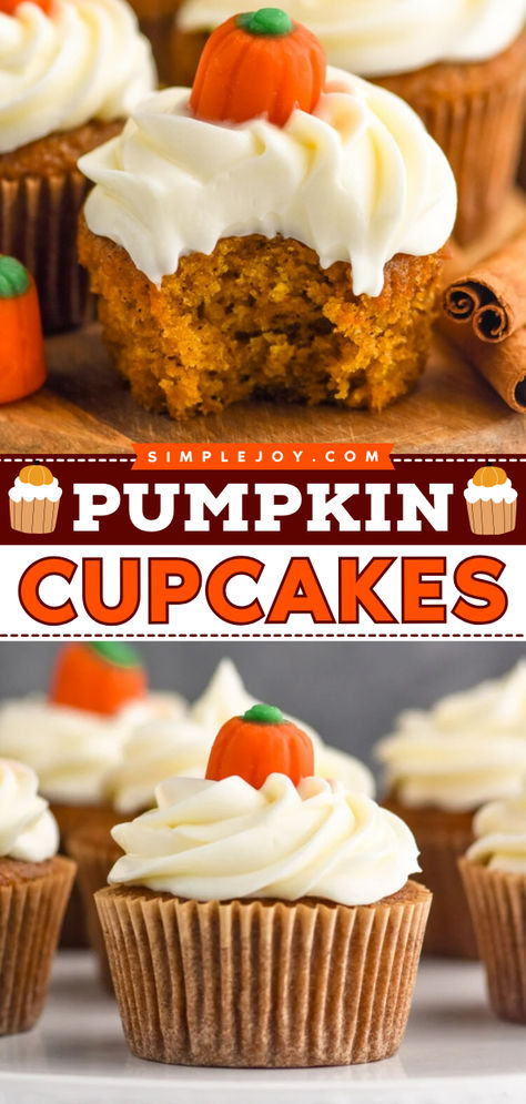 "Pumpkin Cupcakes are easy to make and have the perfect balance of sweetness and spice. Top them with my cream cheese frosting for the best fall dessert.

" Pumpkin Cupcakes With Cream Cheese Icing, Fresh Pumpkin Recipes, Pumpkin Cupcake Recipes, Cupcake Cream, Chocolate Chip Cupcakes, Fall Baking Recipes, Homemade Pumpkin Puree, Fall Desserts Easy, Pumpkin Cupcakes