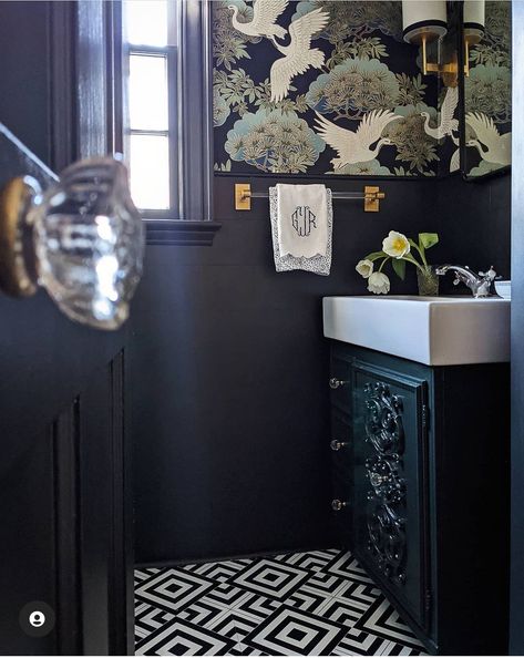 Go bold and dramatic in a small powder room Powder Room Door, Small Downstairs Toilet, Peel Stick Tile, Bold Bathroom, Powder Room Decor, Powder Room Design, Room Door, Built In Bookcase, Bathroom Wallpaper