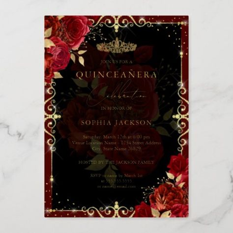 $ 3.95 | Elegant Red Gold Rose Quinceanera - quinceanera, birthday, 15th birthday, tiara, flowers, pretty quinceanera, red, red quinceanera, red and gold, rose Quinceanera Red And Gold, Quinceanera Blue, Red And Gold Quince, Quinceanera Red, Rose Gold Quinceanera, Quince Decor, Red Quince, Quince Invitations, Rose Gold Invitations