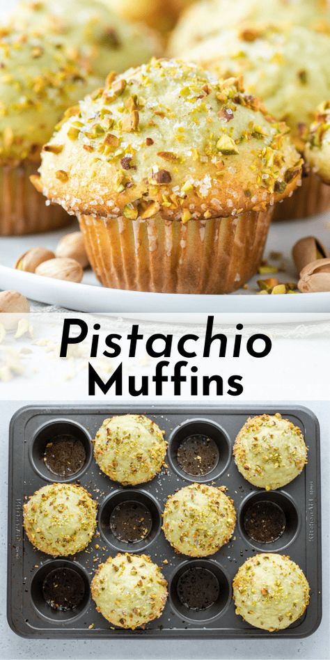 These pistachio muffins are made with real pistachios and instant pistachio pudding mix so they're perfectly moist and bursting with pistachio flavor. I spent half a year testing and perfecting muffin recipes so I could teach you the exact, easy to follow steps to make gorgeous bakery style muffins at home! Pistachio Muffins Recipe With Pudding, Assorted Muffins, Pistachio Muffins Recipe, Pistachio Desserts, Pistachio Recipes Desserts, Pistachio Dessert Pudding, Freeze Muffins, Pistachio Muffins, Pistachio Dessert