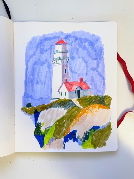 Lighthouse Illustration, Tombow Pens, Illustration Building, Marker Illustration, Illustration Landscape, Illustration Sketchbook, Building Illustration, Sketchbook Illustration, Sketchbook Art Journal