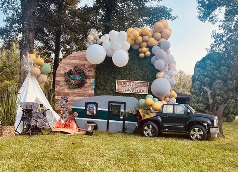 Camper Birthday Party Ideas, One Happy Camper Backdrop, Camp Backdrop, Happy Camper Birthday Party, Bigfoot Party, Camping Theme Birthday Party, Camping Theme Birthday, Summer Camp Themes, Baby First Birthday Themes