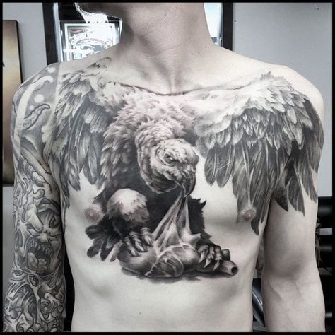 Vulture Chest Tattoo, Traditional Vulture Tattoo, Heart Chest Tattoo, Vulture Tattoo, Halo Tattoo, Demon Tattoo, Cool Chest Tattoos, Chest Tattoos, Religious Tattoos