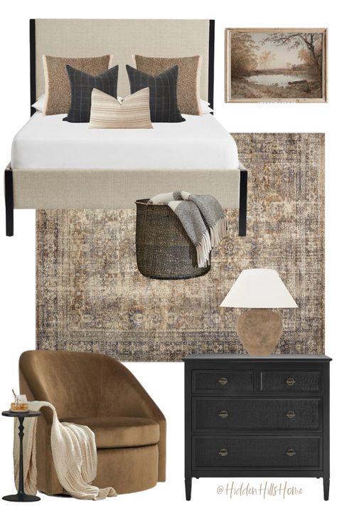 Modern vintage bedroom decor mood board inspired by Amber Interiors! Bedroom decor mood board with charcoal black and rust color tones throughout Modern Vintage Bedrooms, Hm Home, Transitional Bedroom, Up House, Design Board, Upholstered Bed, Remodel Bedroom, Master Bedrooms Decor, Guest Bedrooms