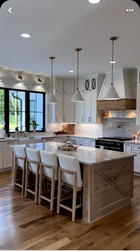 Mont Blanc Quartzite Countertops, Full Height Backsplash, Mont Blanc Quartzite, French Style Kitchen, Beautiful Modern Farmhouse, Kitchen Layouts With Island, Lake House Kitchen, Modern Farmhouse Kitchen, Quartzite Countertops