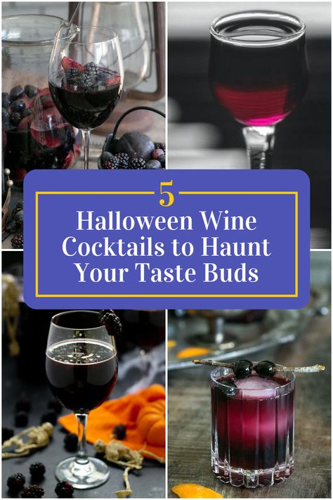 Collage of 4 halloween wine cocktails. Halloween Party Menu, Wine Cocktail Recipes, Witches Night, Witches Night Out, Cocktail Names, Dark And Mysterious, Halloween Wine, Halloween Cocktails, Festive Drinks