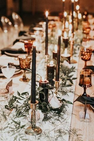 Love the simplicity of black candles, greenery and gold accents. Check out more black wedding decor inspiration and SHOP to create the same great look!  #Blackandgoldwedding #moodywedding #weddinggreenery #bohowedding #weddingcenterpieces Black Wedding Decorations, New Years Wedding, Black Gold Wedding, Nye Wedding, Gold Wedding Decorations, Moody Wedding, Wedding Decor Inspiration, Decor Details, Long Table