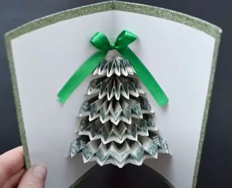 Folded Money Christmas Tree, Folding Money Into Christmas Tree, Fold Money Into Christmas Tree, Dollar Bill Christmas Tree, Pop Up Money Card, How To Make A Money Tree Gift, Money Folding Ideas Christmas, Origami Money Christmas Tree, Money For Christmas Gift Creative