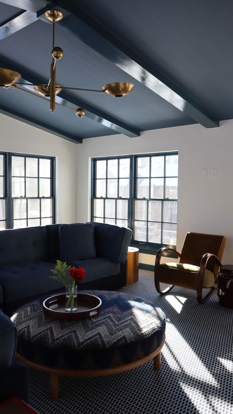 Painted Pitched Ceiling, Paint Beams Ceiling, Basement With Dark Ceiling, Navy Blue Ceiling Living Room, Dark Ceiling With Beams, Midnight Blue Ceiling, Dark Vaulted Ceiling, Painted Vaulted Ceiling Bedroom, Vaulted Ceiling Paint Ideas