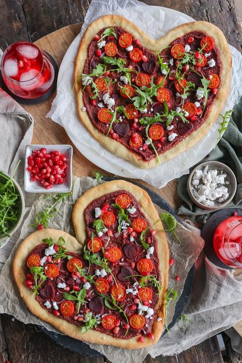 Beeting Heart Pizza | Pick Up Limes Beetroot Pizza, Heart Pizza, Love At First Bite, Green Olives, Kalamata Olives, Green Bell Peppers, First Bite, Nutritional Yeast, Limes