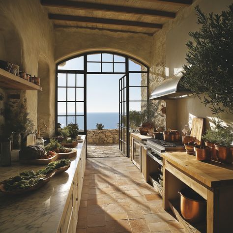 Bring a touch of the Mediterranean into your home with this villa-inspired kitchen! Terracotta tiles, wooden beams, and warm tones make every meal feel like a vacation. #MediterraneanKitchen #CoastalLiving Spanish Villa Home Kitchen, Italian Aesthetic House Interior, Italian Villa Aesthetic Kitchen, Italy Aesthetic Interior, Italian Houses Aesthetic, Italian Inspired Interior Design, Medditeranean Style Kitchen, Mediterranean House Kitchen, Mediterranean Rustic Home