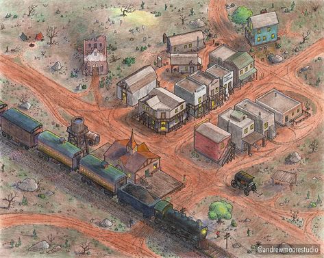 The Town of Jackal Tooth: Home of many grumpy cowboys [OC][ink & colored pencil] : mapmaking Old West Mine, Wild West Town Map, Old House Design, Cowboy Town, Old West Town, Western Games, Rpg World, Western Books, West Town