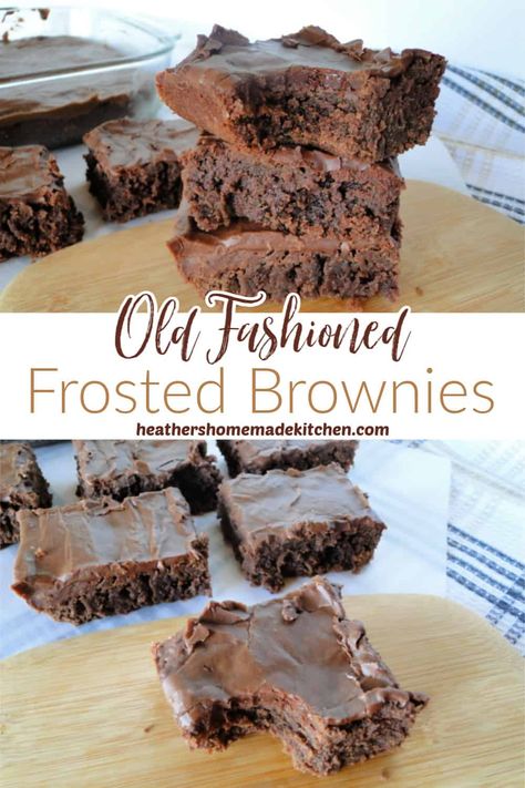 Stacked Old Fashioned Frosted Brownies with bite taken out and slices of brownies on board Dessert Bars Recipes Easy, Frosted Brownies, Old Sweets, Chewy Brownies Recipe, Brownie Frosting, Homemade Recipes Dessert, Chewy Brownies, Dessert Bar Recipe, Thanksgiving Food Desserts