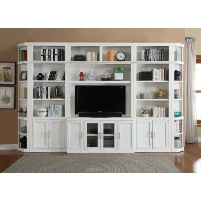 This entertainment wall has the perfect mixture of storage and fun. Place your TV in the middle of your display and storage bookshelves. Show off your style and entertain with class with this 6-piece large entertainment wall. | Parker House Furniture Catalina Entertainment Center for TVs up to 60" Wood in Brown / White, Size 30.0 H x 56.25 W x 17.5 D in | Wayfair Living Room Built Ins, Living Room Entertainment Center, Entertainment Wall, Bookcase Wall, Living Room Entertainment, Parker House, Built In Shelves, Media Center, High Quality Furniture