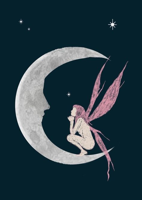 Moon Fairy Drawing, Moon Fairy Aesthetic, Fairy Moon Tattoo, Moon Drawings Aesthetic, Moon Fairy Art, Fairies Illustration, Moon And Fairy, A Hand Drawing, Looking At The Moon