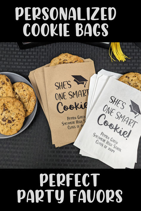 Be the smart cookie at your grad celebration with our Personalized 'One Smart Cookie' Graduation Cookie Bags! 🍪🎉 Each bag, customized with your grad's name and school, is a delicious thank-you treat. Share the joy and savor sweet memories. Order now! 🎓🍪 #SmartCookie #GraduationCelebration #PersonalizedTreats Grad Party Thank You Favors, High School Graduation Decorations, School Graduation Decorations, The Smart Cookie, Leaving Party, Bakery Bags, One Smart Cookie, Graduation Party Favors, Graduation Cookies