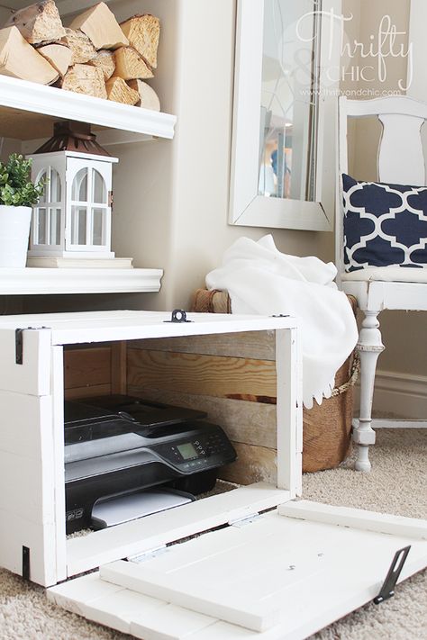 DIY Hidden printer storage in a cabinet! Make it whatever size you need to fit your space. Hidden Printer Storage, Printer Storage Ideas, Hidden Printer, Printer Cover, Printer Storage, Printer Cabinet, Diy Decorating Ideas, Diy Organizer, Budget Decor