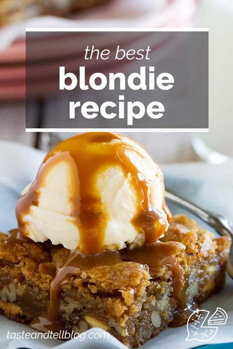 Everyone needs the best Blondie Recipe - and this is the one I love! Filled with pecans, white chocolate chips and toffee pieces, every bite is sweet and rich and buttery. #recipe #blondie #dessert Best Blondie Recipe, Toffee Sauce Recipe, Best Blondies Recipe, Blondie Dessert, Banana Pudding Poke Cake, Blondie Recipe, Toffee Chips, The One I Love, Breakfast Recipes Sweet