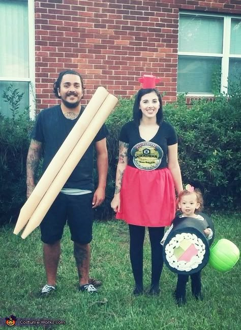 We were the treasure troll doll family last year so I wanted to make another family costume. My daughter is wearing the sushi costume, I got the idea from Stephanie who submitted her daughters costume on your website last year I believe called Yum Yum... Halloween Sushi, Sushi Halloween Costume, Wagon Costume, Sushi Halloween, Sushi Costume, Family Costumes Diy, 2015 Halloween Costumes, Themed Halloween Costumes, Japanese Costume