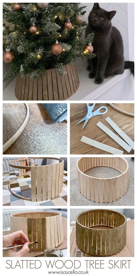 Diy Wooden Christmas Tree Collar, Steps In Decorating A Christmas Tree, Wooden Tree Skirt, Christmas Tree Bottom Cover Diy, Christmas Tree Skirt Alternative Diy, Homemade Tree Skirt, Christmas Tree Skirt Alternative, Diy Tree Base, Diy Tree Collar Christmas