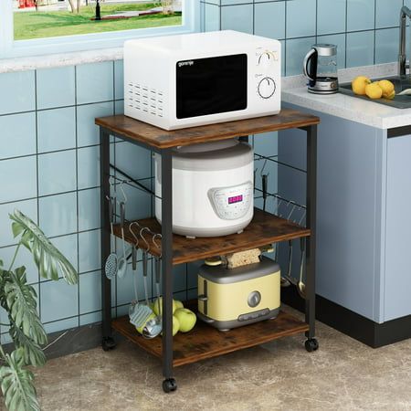 Product Introductions: After a long day of work, the thought of cooking up dinner isn't so appetizing. Lucky for you, this kitchen cart makes it easy to whip up any dish. Featuring an openwork, white-finished base with two tiers of shelving, this cart keeps mixing bowls and kitchen tools at the ready as you prep, while its smooth top is perfect for your microwave or other essentials. Product Features: Portable Kitchen Cart: High quality heavy-duty wheels (two of which are lockable), the kmicrowa