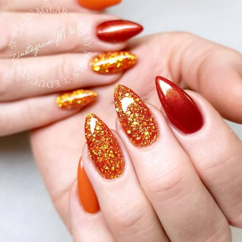 Glittery Orange Nails, Orange Nails Glitter, Orange Sparkle Nails, Orange Glitter Nails, Gel Nails Long, Golden Red, Yellow Glitter, Orange Glitter, Sparkle Nails