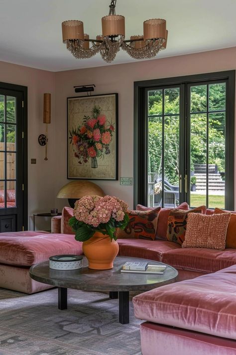 Embracing Pink in Masculine Spaces: A Bold Statement of Equality and Elegance — Living Bright Interiors Pink U Shape Sofa, Beautiful Flats Interior, Curtain Behind Couch, Pink Sitting Room, 80s Living Room, Pink Sofa Living Room, Pink Interior Design, Color Sofa, Masculine Interior