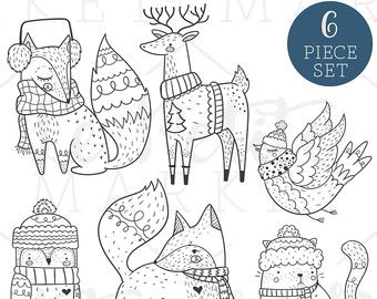 Cute Hand Drawn Holiday Clip Art, Cute Woodland Creatures Bundled Up for Winter, Holiday Digital Stamps, Woodland Animal Illustration Set Forest Animals Illustration, Holiday Clip Art, Deer Illustration, Holiday Clipart, Winter Woodland, Animal Illustrations, Winter Bird, Forest Creatures, Winter Animals