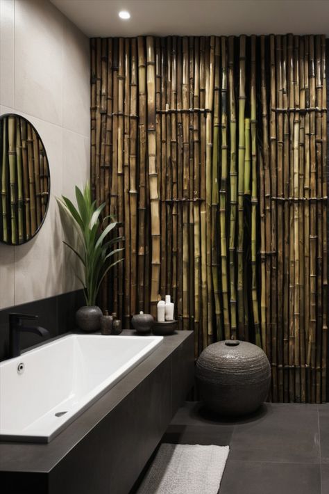 Transform your bathroom into a meditative space with dark bamboo screening and calming black pebble details. Your daily escape awaits. #ZenBathroom #BambooDesign #SpaInspired Restaurant Bathroom Design, Resort Bathroom, Meditative Space, Zen Room Decor, Zen Bathroom Decor, Japanese Bathroom, Head Spa, Bamboo Screening, Restaurant Bathroom