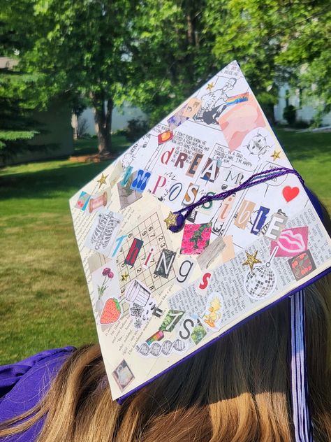 Grad Cap Embroidery, Graduation Cap Graphic Design, Embroidery Graduation Cap, College Grad Cap Ideas Taylor Swift, Scrapbook Grad Cap, Collage Grad Caps, Fleetwood Mac Graduation Cap, Graduation Cap Designs 2024, Phoebe Bridgers Grad Cap