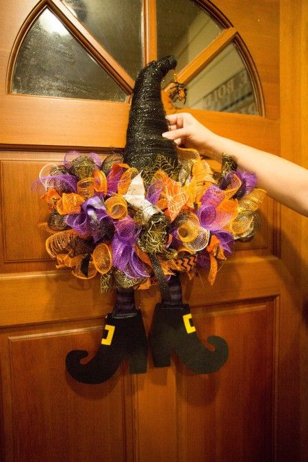 Decorating a Dollar Tree Witch Hat | ThriftyFun Diy Witches Hat, Witch Hat Door Wreath, Dollar Tree Witch Hat, Holiday Wreath Craft, Diy Witch Hat, Diy Witches, Witch Hats Costume, Witch Hat Wreath, Fun Diy Halloween Decorations