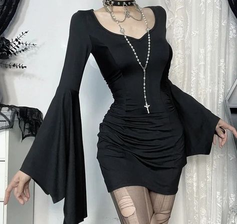 Goth Dresses Short, Gothic Short Dress, Alt Dresses, Mini Dress Elegant, Bat Wing Sleeves, Wings Dress, Wing Sleeves, Bat Wing, Alt Fashion