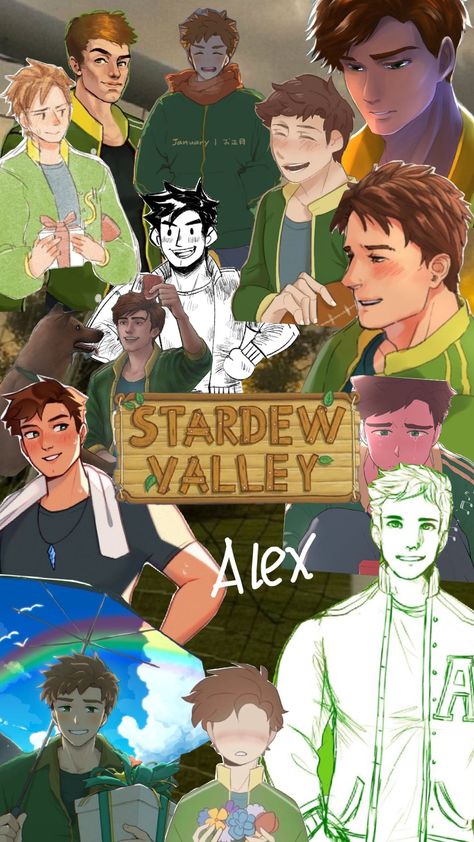 STARDEW VALLEY Alex Stardew Valley Alex X Farmer, Stardew Valley Alex X Male Farmer, Alex X Male Farmer, Stardew Bachelors, Alex Stardew Valley, Stardew Valley Fanart, Stardew Valley, Character Design Male, Game Character