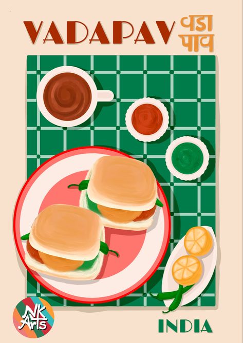 Indian Food Art Illustration, Indian Snacks Illustration, Vadapav Illustration, Food Doodles Aesthetic, Vada Pav Illustration, Bombay Illustration, Indian Food Illustration, Indian Food Poster, Food Illustration Design