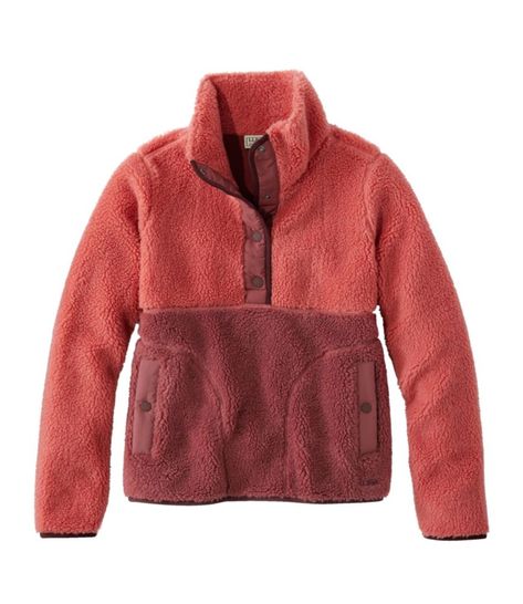 Our bestselling Sherpa Fleece, in an easy-layering pullover style. It's designed to be warm enough for cooler weather and stylish enough for the workplace or evening out. Best with midweight layer. Falls at hip. Center back length: Petite 22. 75", Regular 23. 75", Plus 25. 75". Relaxed Fit. Woven overlay: 100% nylon. Lining: 100% recycled polyester. Body: 100% recycled polyester. Machine wash and dry. Stylish stand-up snap collar keeps coziness in and chill out. Two snap hand pockets. Elastic cu Womens Sherpa, Sherpa Pullover, Kids Outerwear, Womens Fleece, Shop Mens Clothing, Sherpa Fleece, Ll Bean, Pullover Sweatshirts, L L Bean