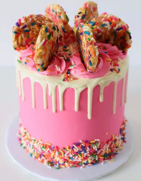 Sprinkle Decorated Cake, Cake Decorated With Donuts On Top, Colorful Sprinkle Cake, Pink Cake With Rainbow Sprinkles, Pink Sprinkle Donut Cake, Ultimate Chocolate Chip Cookie, Cake Design Inspiration, Gourmet Cakes, Specialty Cake