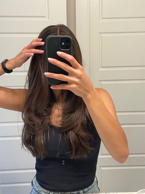 Hair Inspo Color Brunettes Straight, Long Layers Straightened, Cute Haircuts For Brunettes, Plain Brunette Hair, Cute Haircuts For Brown Hair, Mid Hair Lengths, Medium Length Haircut With Layers Straight Hair Brunettes, Medium Hair Cuts For Thick Hair Wavy, Dark Hair Haircut Mid Length