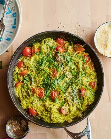 Creamy Pesto Spaghetti Squash | Kitchn Chicken Parm Spaghetti Squash, Best Spaghetti Squash Recipes, Pesto Spaghetti Squash, Gf Cooking, Spaghetti Squash Recipes Easy, Veggie Noodle, Pesto Spaghetti, Veggie Mains, Florida Recipes